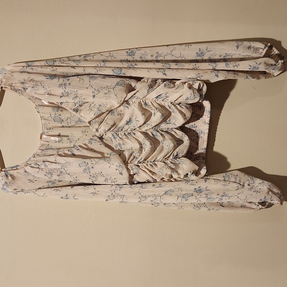 Free People Floral V-Neck Blouse - White and Blue - Picture 6 of 16